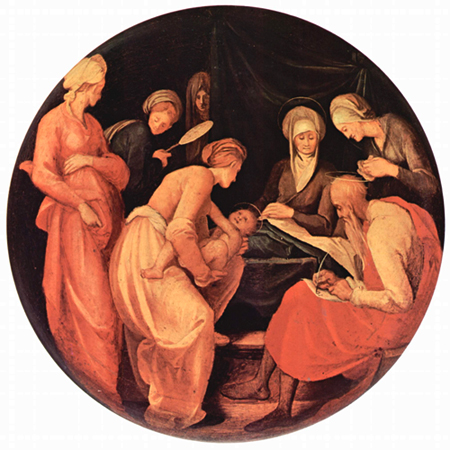 Jacopo Porntormo: Birth of John the Baptist, with his father Zechariah writing down the baby's name.