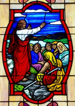 Window depicting Christ’s sermon on the mount; source unknown. St. Luke’s Gospel includes a series of curses as well as the familiar blessings.