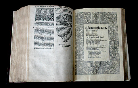 A first edition of Miles Coverdale’s Bible, published in 1535, the first complete Bible in English, open to the New Testament cover page. Gutenberg first printed his Vulgate Bible with movable type 80 years earlier in 1454.