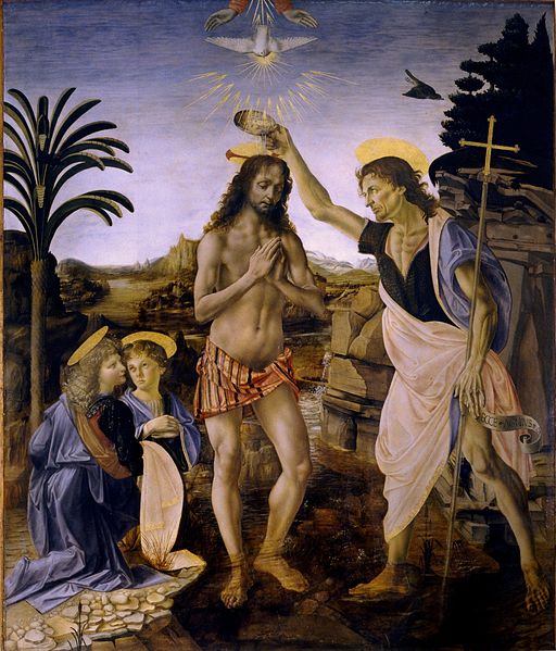 Workshop of Andrea del Verrochio, including Leonardo da Vinci: Baptism of Christ. This event signals the importance of baptism, so central an act in our faith experience that Christ himself participated in it at the hands of his cousin John. The washing is a ritual act meant to signify cleansing and a change of life. Jesus didn’t need the washing; he was telling us that we do.