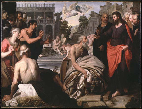 Artus Wolfort, c. 1620: Jesus at the Pool of Bethsaida. People believed that God sometimes stirred up the waters there, and the first one in the pool would be healed. 
