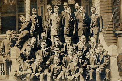Toyohiko Kagawa’s class at Princeton Theological Seminary in New Jersey in 1914; he was the only Asian in the all-male class. His Buddhist parents died when he was four years old, and he was raised by Presbyterian missionaries; as a teenager he had a conversion experience that set his course in life.