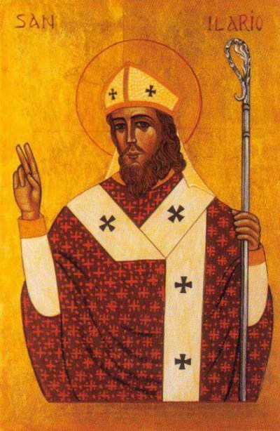 St. Hilary was a defender of the orthodox faith and the Nicene Creed, against the Arian heresy that Jesus was a lesser being than God the Father. Hilary was also a great mentor to St. Martin, later Bishop of Tours, and encouraged him to promote the monastic life. (iconographer unknown)
