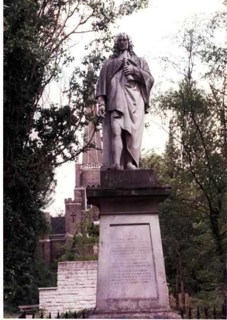 Statue of Isaac Watts at Abney Park, Stoke Newington, England. He lived with his patrons Sir Thomas Abney, the Lord Mayor of London, and Lady Mary for 36 years until the end of his life. He especially enjoyed taking walks in this park at Abney Hall and often sought refuge and inspiration there. (Wikipedia)