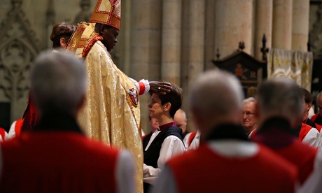 John Sentamu, the Archbishop of York, consecrated the Rev. Libby Lane as Bishop of Stockport and Suffragan Bishop of Chester yesterday at York Minster. She is the first woman to be a bishop in the Church of England. (Lynne Cameron/Press Association)