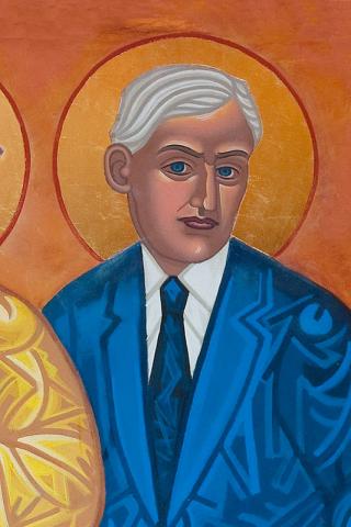 Roland Allen icon, one of the “dancing saints” at St. Gregory of Nyssa, San Francisco, by Mark Dukes. Here’s how Dukes’ All Saints Company summarizes Allen’s career: “Anglican missionary in East Africa who became a controversial, prophetic challenger of the existing order, seeking to change drastically the paternalistic colonial system of mission governance. He wanted to restore the pattern he saw in the Apostle Paul’s missionary work: preaching the Good News, quickly raising up local leadership, trusting them with power, and moving on.”