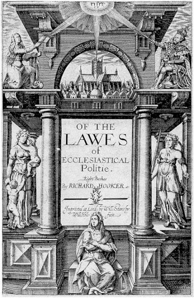 Richard Hooker’s  “Laws of Ecclesiastical Polity,” which developed a theology of the Elizabethan Settlement, Anglicanism’s Middle Way between Catholicism and Protestantism. He defended the English Prayer Book against Puritan attacks; though he was something of a Calvinist himself, he weakened Calvin’s doctrine of predestination by analyzing truth-claims three ways: using Scripture, the Protestants’ strong point, Tradition as bequeathed by the Catholic Church, and Reason to mediate between the two. In time this became a consensus position of Anglicanism – though not without a Civil War between extremists on the opposing sides. (Wikipedia)