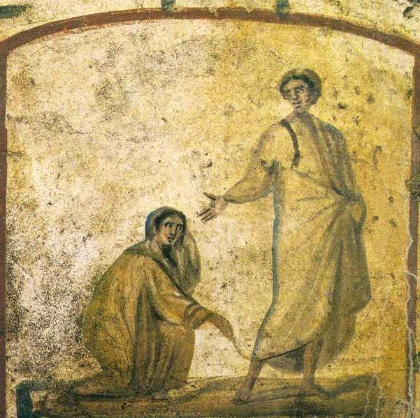 Christ Heals the Bleeding Woman; from the Roman catacombs, 6th Century.