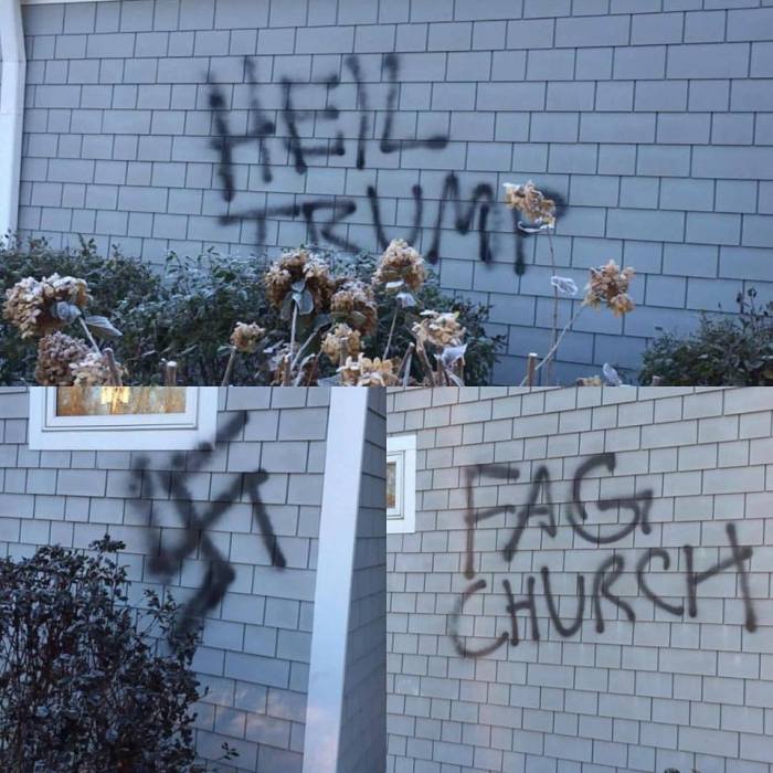 St. David's, an Episcopal church in Bean Blossom, Indiana, was vandalized late Saturday night, greeting parishioners with this on Sunday morning. At the same time in Silver Spring, Maryland, the Church of Our Saviour suffered a similar attack, with "White People Only" spray-painted on a church sign welcoming Latinos, and on the outside wall by the columbarium, which must feel to parishioners like desecrating their elders' graves. Our congregation has close ties with the church in Indiana; we worshiped there during our retreat last year, and the priest-in-charge has attended many of our webcasts. We grieve and we are angry, but to a Christian, persecution is a badge of honor. (parish photos on Facebook)