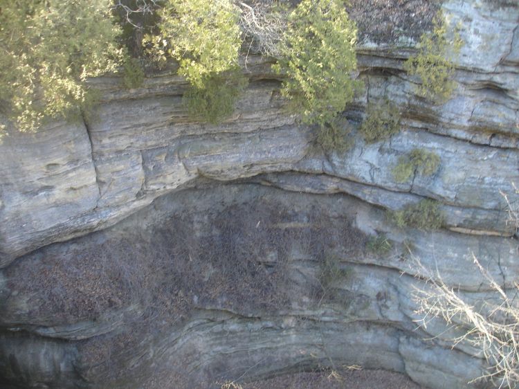 Evidence of the Kankakee Torrent, a huge flood around 14,000 B.C., is still visible near my home, as seen in this sandstone cliff at Starved Rock State Park, Illinois. (Wikipedia)